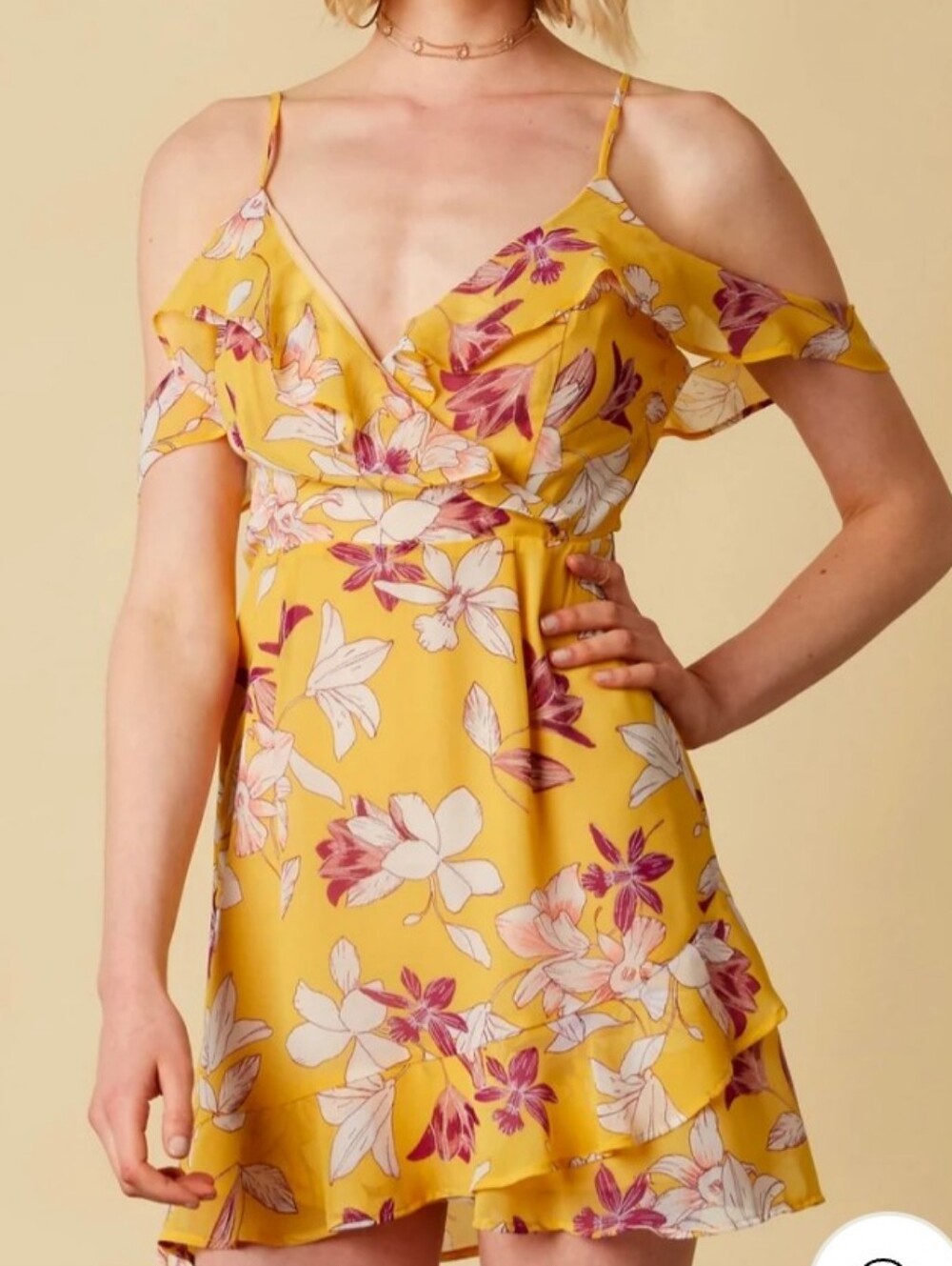 Cotton Candy Yellow Floral Cold-Shoulder Wrap Mini Dress Size S NWOT